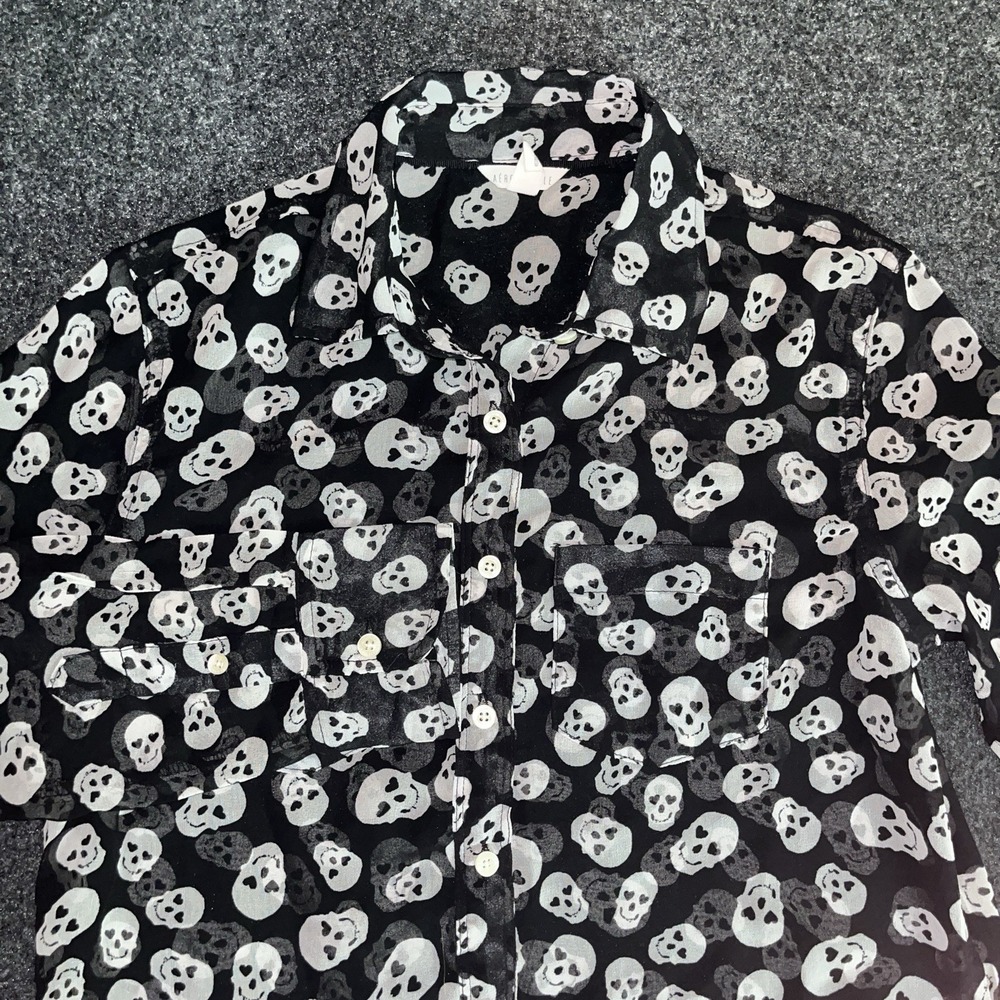 Aeropostale Button Down Women XS Black Excellent Skull Print Sheer Blouse